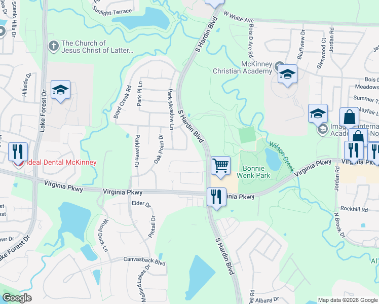 map of restaurants, bars, coffee shops, grocery stores, and more near 3081 Lakehill Lane in McKinney