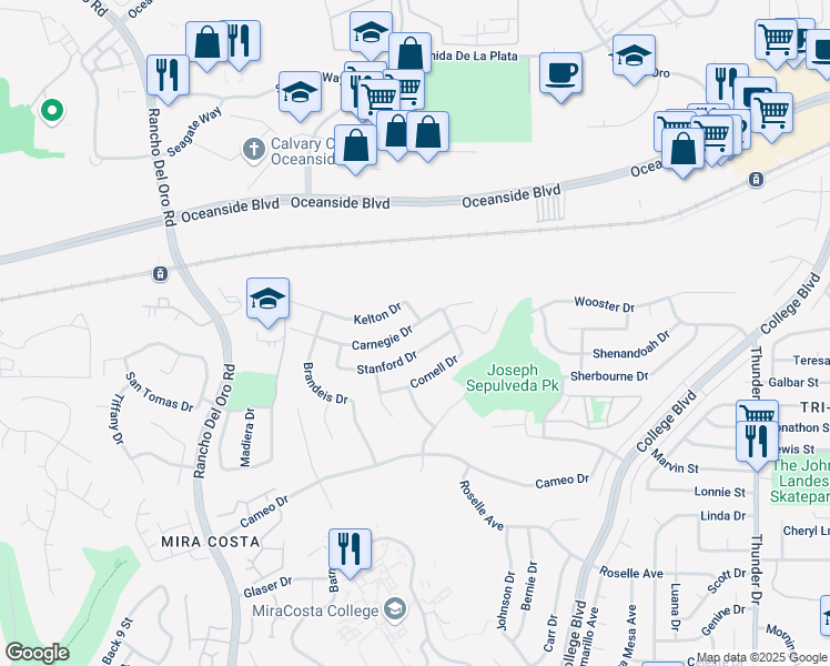 map of restaurants, bars, coffee shops, grocery stores, and more near 3829 Carnegie Drive in Oceanside
