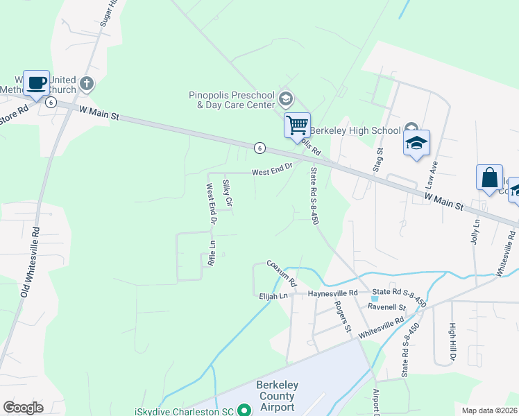 map of restaurants, bars, coffee shops, grocery stores, and more near 120 Nazareth Lane in Moncks Corner