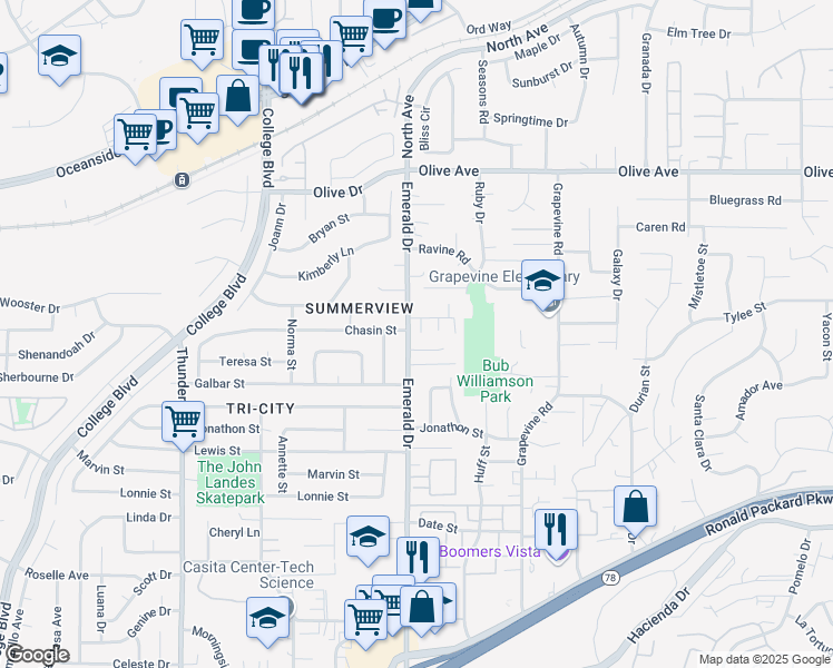map of restaurants, bars, coffee shops, grocery stores, and more near 659 Grant Court in Vista