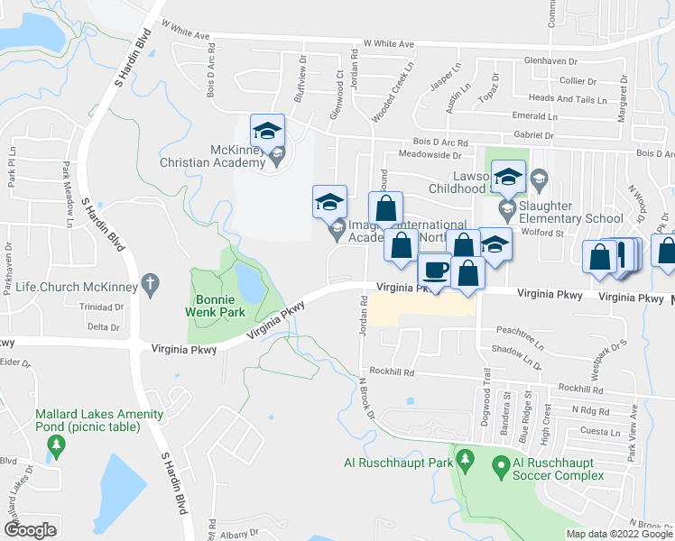 map of restaurants, bars, coffee shops, grocery stores, and more near 2830 Virginia Parkway in McKinney