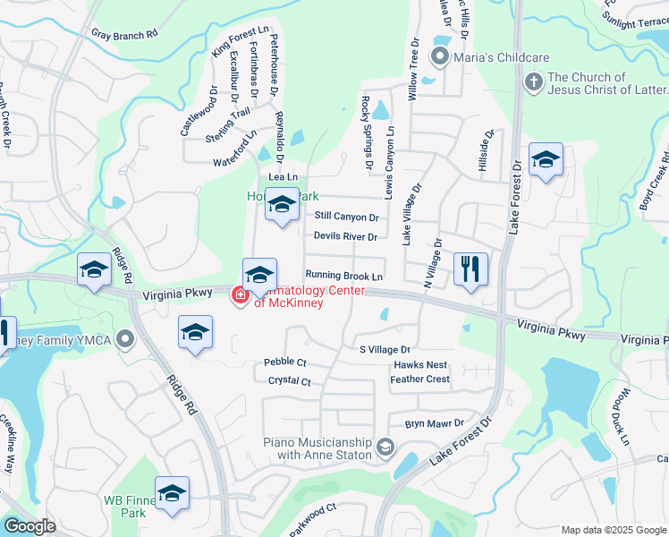 map of restaurants, bars, coffee shops, grocery stores, and more near 5416 Running Brook Lane in McKinney