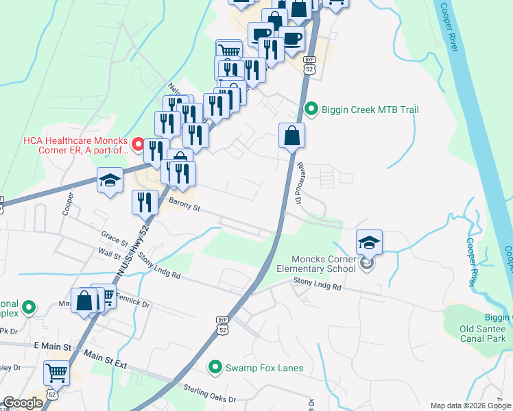 map of restaurants, bars, coffee shops, grocery stores, and more near 102 Journeys End Lane in Moncks Corner