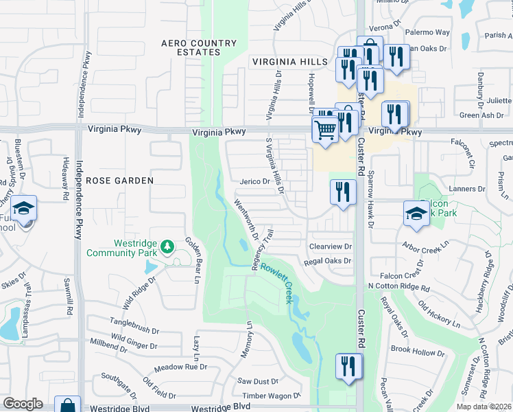 map of restaurants, bars, coffee shops, grocery stores, and more near 9408 Stonewood Drive in McKinney