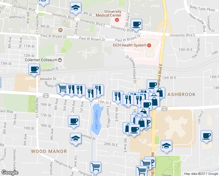 map of restaurants, bars, coffee shops, grocery stores, and more near 312 Cedar Crest in Tuscaloosa