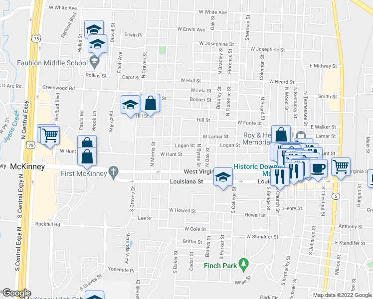 map of restaurants, bars, coffee shops, grocery stores, and more near 1006 West Hunt Street in McKinney