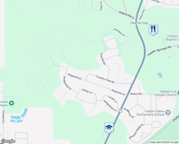 map of restaurants, bars, coffee shops, grocery stores, and more near 508 Country Club Road in Sylacauga