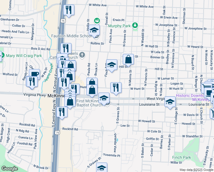 map of restaurants, bars, coffee shops, grocery stores, and more near 602 Finch Avenue in McKinney