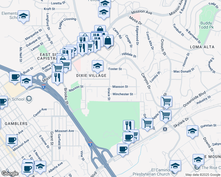 map of restaurants, bars, coffee shops, grocery stores, and more near 2003 Maxson Street in Oceanside