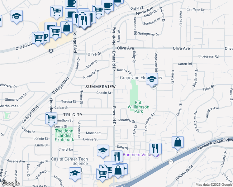 map of restaurants, bars, coffee shops, grocery stores, and more near 659 Grant Court in Vista