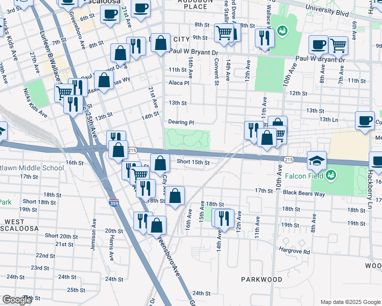 map of restaurants, bars, coffee shops, grocery stores, and more near 3100 17th Avenue in Tuscaloosa