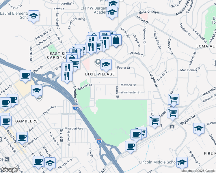 map of restaurants, bars, coffee shops, grocery stores, and more near 300 Cadillac Circle in Oceanside