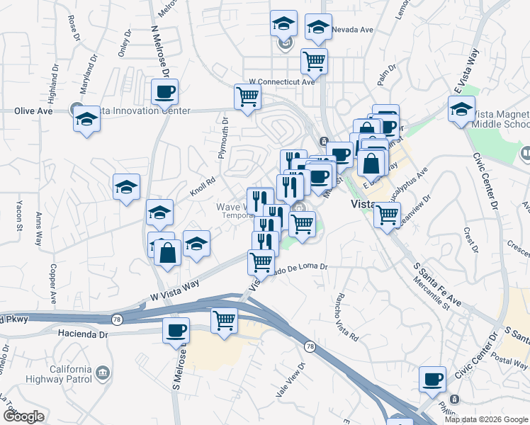 map of restaurants, bars, coffee shops, grocery stores, and more near 117-19 Plymouth Drive in Vista