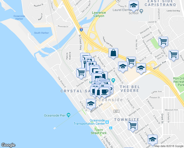 map of restaurants, bars, coffee shops, grocery stores, and more near 602 North Coast Highway in Oceanside