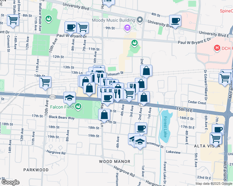 map of restaurants, bars, coffee shops, grocery stores, and more near 497 Wesley Place in Tuscaloosa