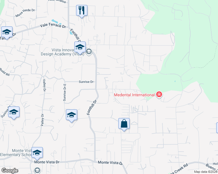 map of restaurants, bars, coffee shops, grocery stores, and more near 2552 Foothill Drive in Vista