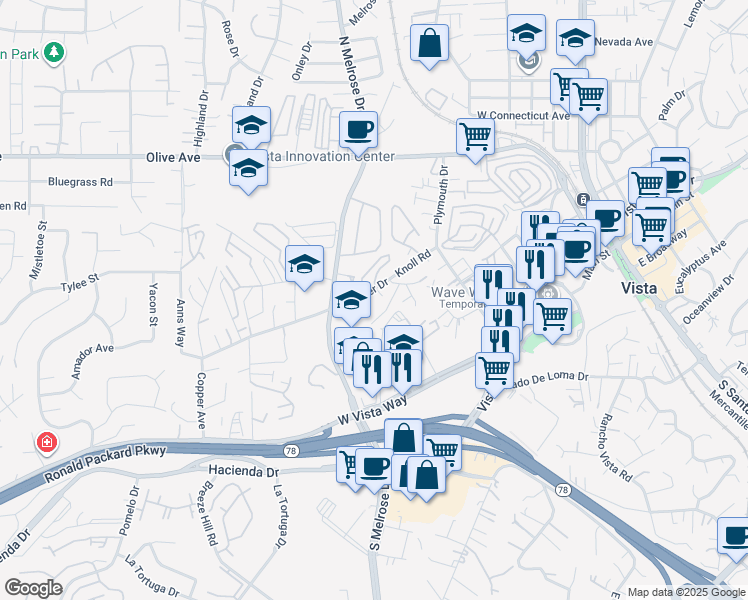 map of restaurants, bars, coffee shops, grocery stores, and more near 116 Knoll Road in Vista