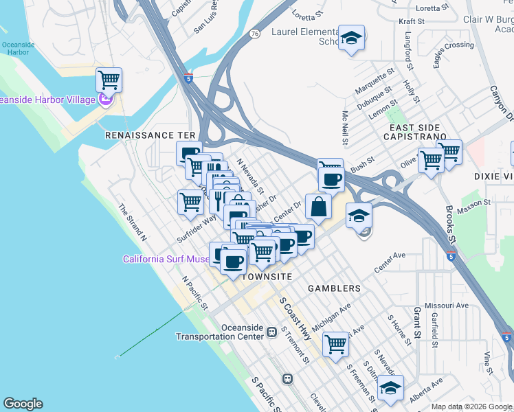 map of restaurants, bars, coffee shops, grocery stores, and more near 417 North Nevada Street in Oceanside