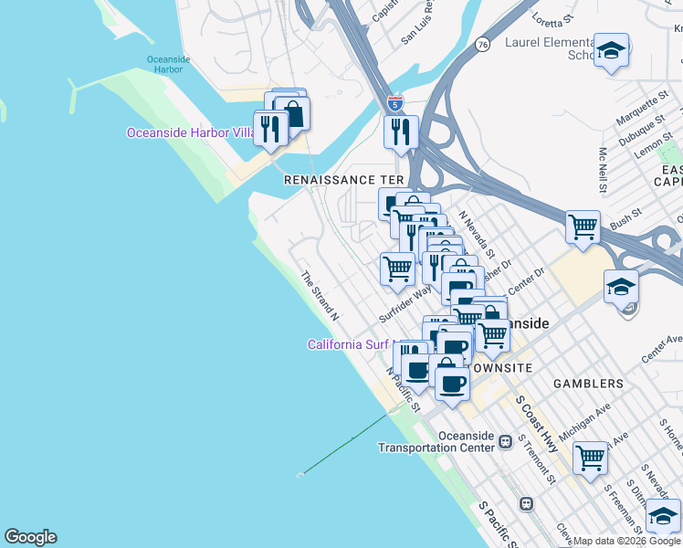 map of restaurants, bars, coffee shops, grocery stores, and more near 804 North Pacific Street in Oceanside