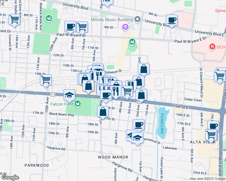 map of restaurants, bars, coffee shops, grocery stores, and more near 503 Wesley Place in Tuscaloosa