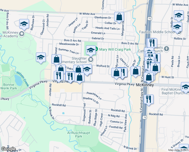 map of restaurants, bars, coffee shops, grocery stores, and more near 2698 Virginia Parkway in McKinney