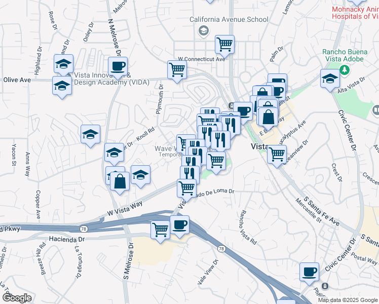 map of restaurants, bars, coffee shops, grocery stores, and more near 117-19 Plymouth Drive in Vista