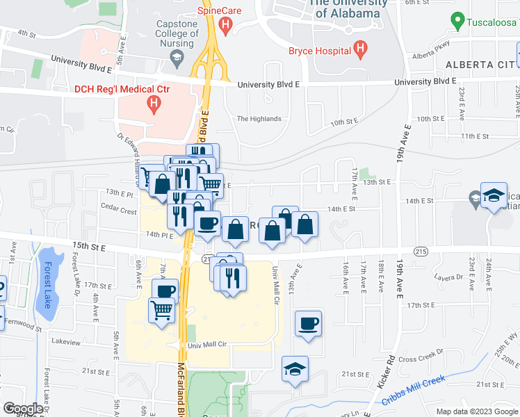 map of restaurants, bars, coffee shops, grocery stores, and more near 1388 Southern Gardens Drive in Tuscaloosa