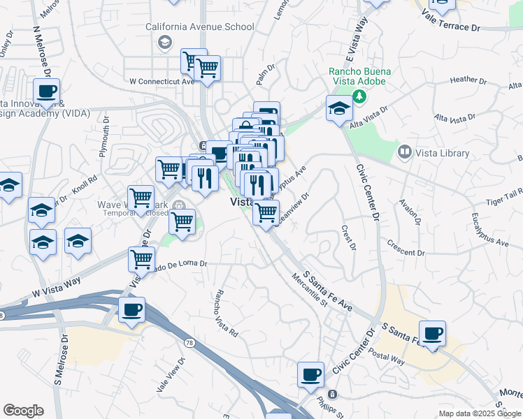 map of restaurants, bars, coffee shops, grocery stores, and more near 120 Eucalyptus Avenue in Vista