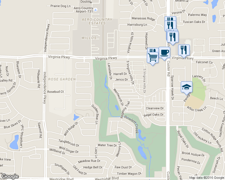 map of restaurants, bars, coffee shops, grocery stores, and more near 312 Wentworth Drive in McKinney
