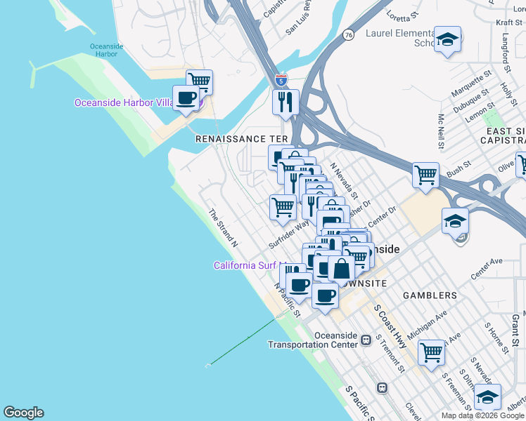 map of restaurants, bars, coffee shops, grocery stores, and more near 725 North Cleveland Street in Oceanside