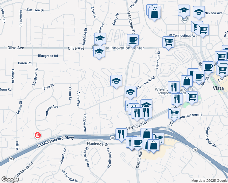 map of restaurants, bars, coffee shops, grocery stores, and more near 661 Copper Drive in Vista
