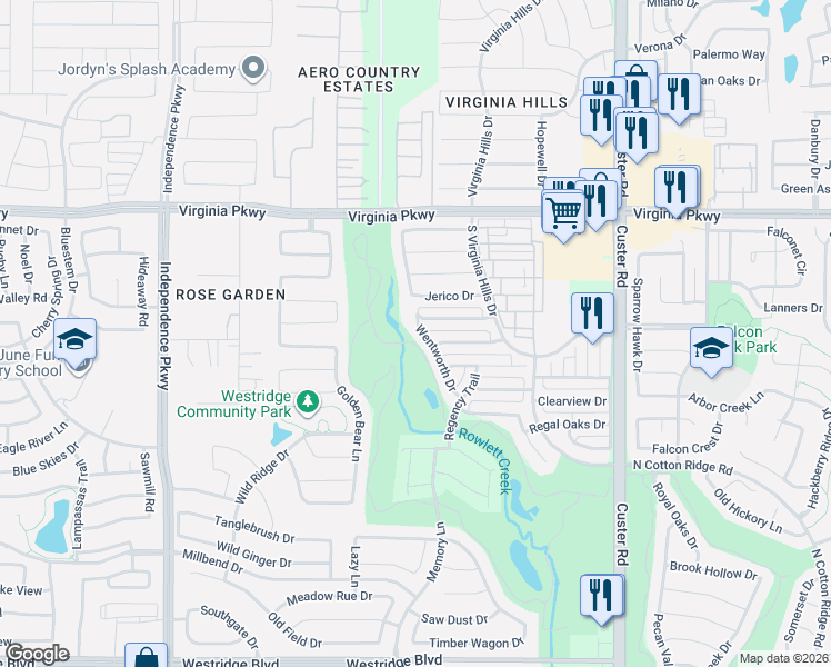 map of restaurants, bars, coffee shops, grocery stores, and more near 312 Wentworth Drive in McKinney