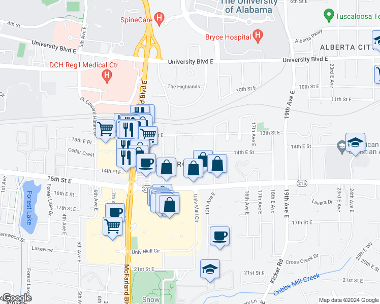 map of restaurants, bars, coffee shops, grocery stores, and more near 1368 Southern Gardens Drive in Tuscaloosa