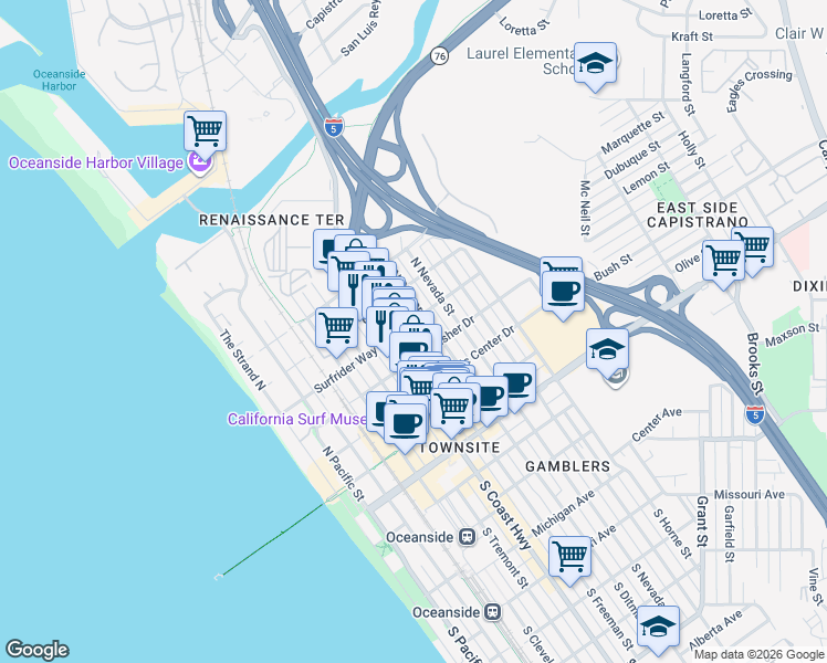 map of restaurants, bars, coffee shops, grocery stores, and more near 510 North Freeman Street in Oceanside