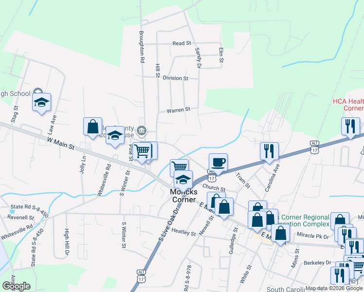 map of restaurants, bars, coffee shops, grocery stores, and more near 118 California Avenue in Moncks Corner