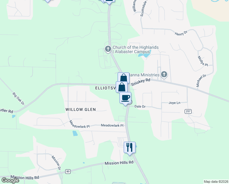 map of restaurants, bars, coffee shops, grocery stores, and more near 2022 Butler Road in Alabaster