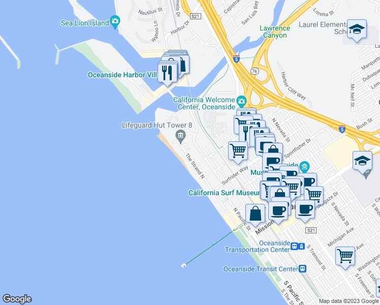 map of restaurants, bars, coffee shops, grocery stores, and more near 904 The Strand North in Oceanside