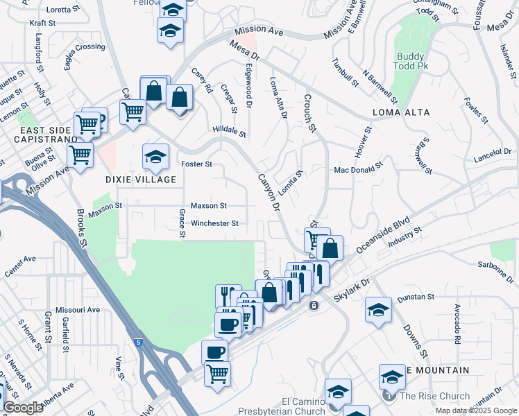 map of restaurants, bars, coffee shops, grocery stores, and more near 2327 Maxson Street in Oceanside