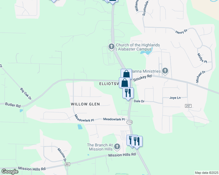 map of restaurants, bars, coffee shops, grocery stores, and more near 1954 Butler Road in Alabaster