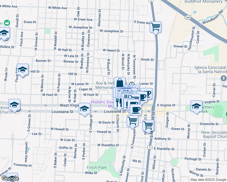 map of restaurants, bars, coffee shops, grocery stores, and more near 302 North Benge Street in McKinney