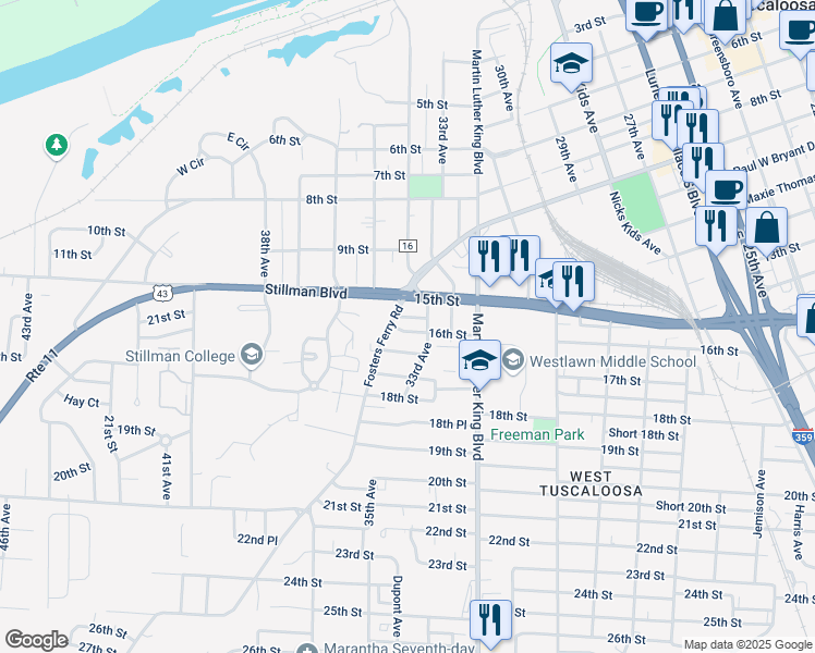 map of restaurants, bars, coffee shops, grocery stores, and more near 3317 16th Street in Tuscaloosa