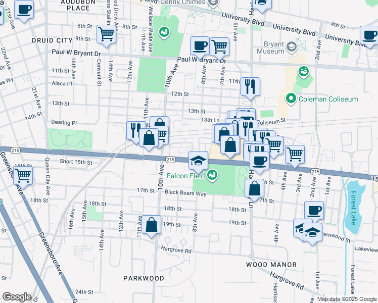 map of restaurants, bars, coffee shops, grocery stores, and more near 27 Parkview Drive in Tuscaloosa