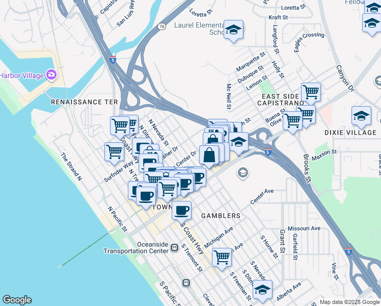 map of restaurants, bars, coffee shops, grocery stores, and more near 402 North Clementine Street in Oceanside
