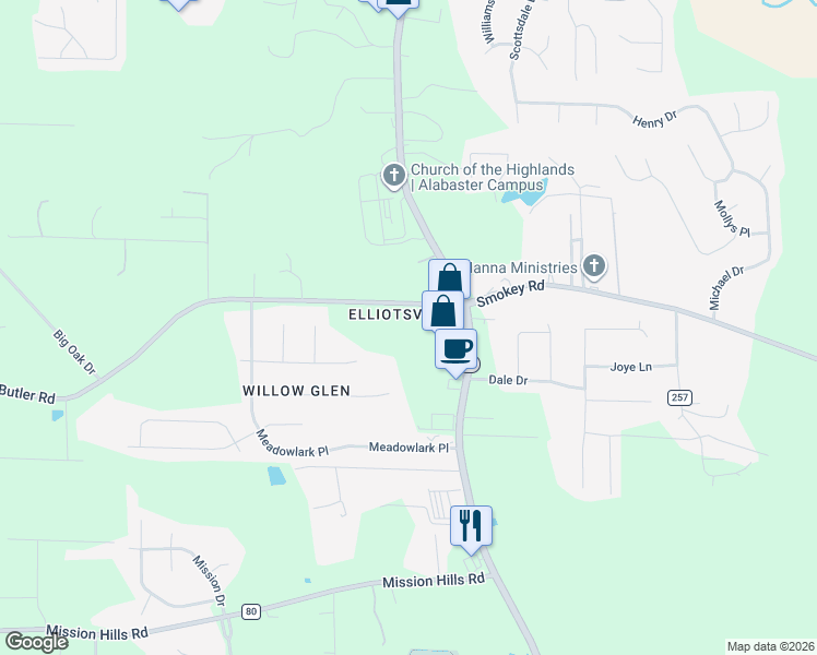 map of restaurants, bars, coffee shops, grocery stores, and more near 2022 Butler Road in Alabaster