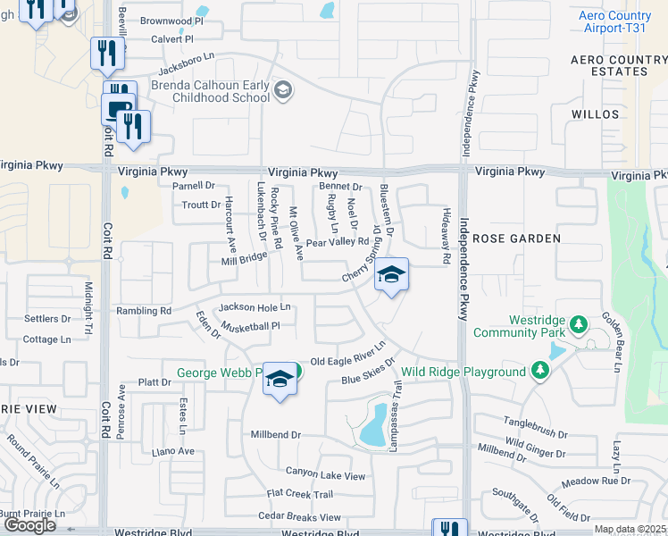 map of restaurants, bars, coffee shops, grocery stores, and more near 612 Cherry Spring Drive in McKinney