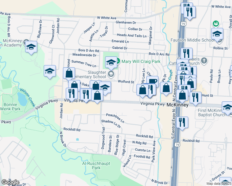 map of restaurants, bars, coffee shops, grocery stores, and more near 2656 Virginia Parkway in McKinney