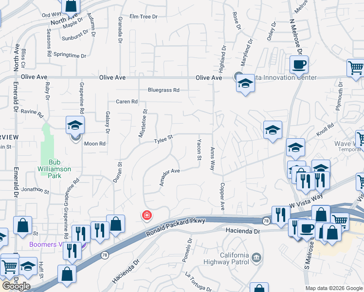 map of restaurants, bars, coffee shops, grocery stores, and more near 355 Santa Clara Drive in Vista