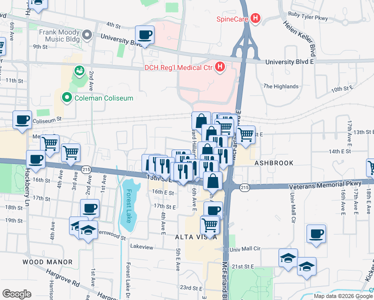 map of restaurants, bars, coffee shops, grocery stores, and more near 229 Cedar Crest in Tuscaloosa