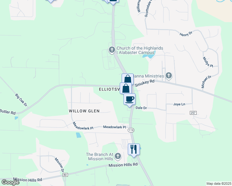 map of restaurants, bars, coffee shops, grocery stores, and more near 2022 Butler Road in Alabaster