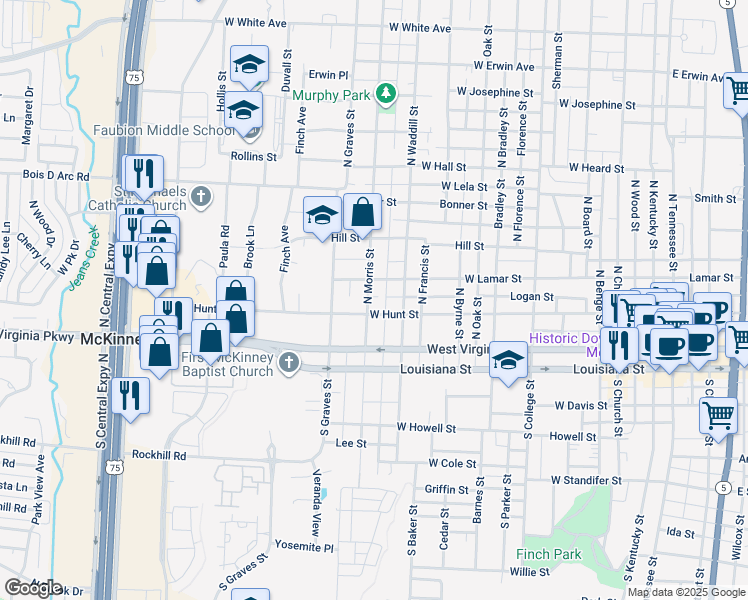 map of restaurants, bars, coffee shops, grocery stores, and more near 1302 West Hunt Street in McKinney